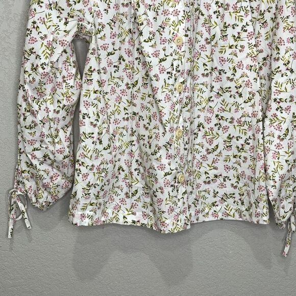 J Crew Shirt Womens Small White Pink Floral Button Front Tie Neck Long Sleeve - Picture 5 of 6